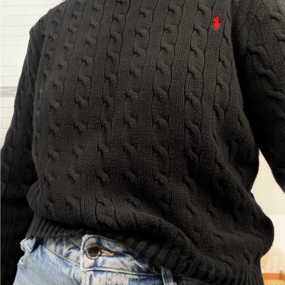 Polo by Ralph Lauren Black Cable Crewneck Sweater with Red Pony